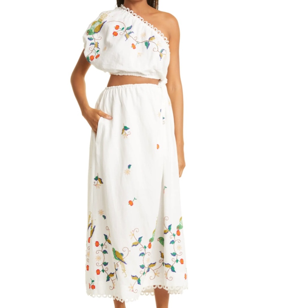 NWT $335 FARM RIO Embroidered One Shoulder Cutout Detail Linen Blend Dress-S / M